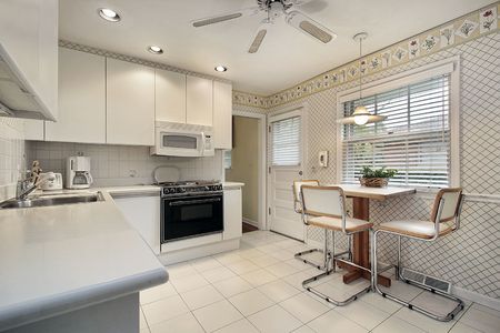 Kitchen in suburban home with white cabinetryの写真素材
