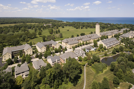 Aerial view of Fort Sheridan with Lake Michigan in the distance in the Northern Suburbs of Chicago, IL.の写真素材