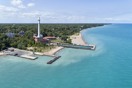 Aerial view of Tower Road Beach, Lake Michigan and the water and electric plant facility in Winnetka, IL. USAの写真素材