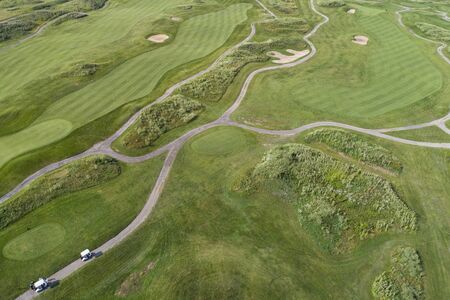 Aerial view of a links golf course in a suburban setting in Northbrook, IL.の写真素材