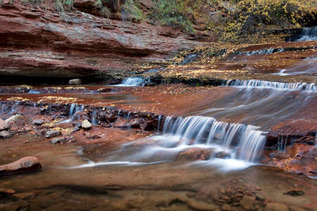 Cascades and terraces along the Left Fork of North Creek in the Subway section in Zion National Park, Utahの写真素材