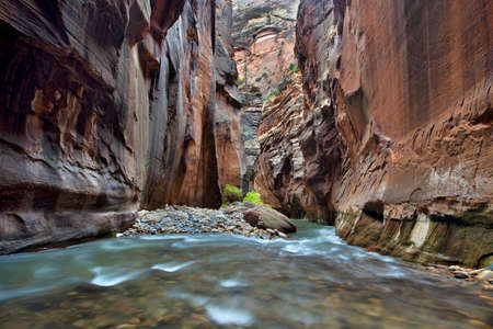 Hiking in the Virgin River Narrows with rapids and a boulder field, Zion National Park, Utahの写真素材