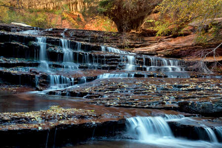 Cascades and terraces along the Left Fork of North Creek in the Subway section in Zion National Park, Utahの写真素材