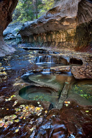 Vertical of small cascades and pools at the entrance to the Subway, a unique tunnel scuplted by the Left Fork of North Creek in Zion National Park, Utahの写真素材