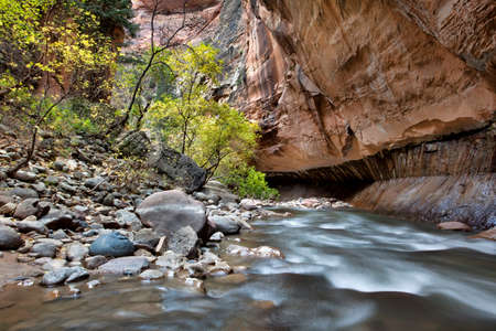 Rocky section of the Virgin River Narrows with curved walls and a steep boulder field, Zion National Park, Utahの写真素材