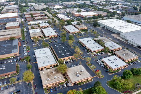 Aerial view of a low-rise office park in a suburban setting.の写真素材