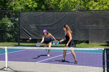 Two pickleball players in action at the net on a suburban pickleball court during summer.の写真素材