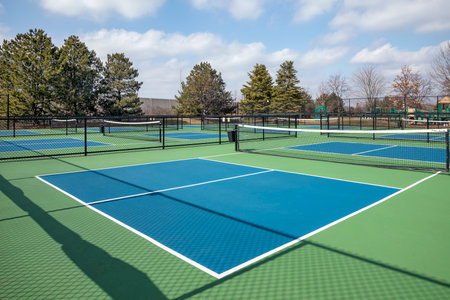 View of a pickleball complex with blue and green courts beside a playground in a suburban park in early spring.の写真素材