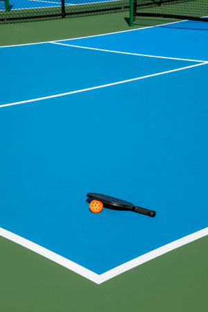 View of a new pickleball court with a paddle and orange ball on blue and green courts in a suburban setting during early spring.の写真素材