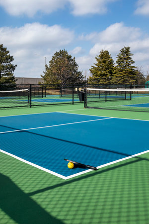 View of a pickleball complex with a paddle and yellow ball on blue and green courts beside a playground in a suburban park in early spring.の写真素材