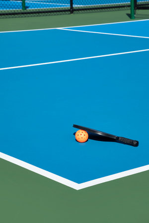 View of a new pickleball complex with a paddle and orange ball on blue and green courts in a suburban setting during early spring.の写真素材