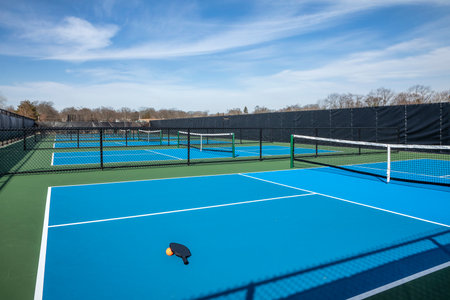 View of a new pickleball complex with a paddle and orange ball on blue and green courts in a suburban setting during early spring.の写真素材