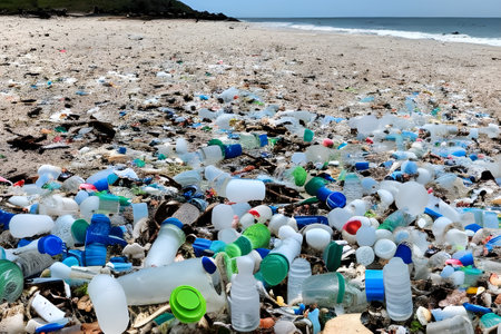 A pile of plastic bottles and trash strewn along a beach depicting pollution and waste using Generative AI.の素材