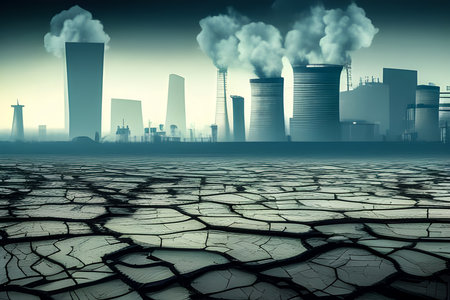 Smokestacks emtting toxic waste smoke pollution into the atmosphere created with Ai Generative.の素材
