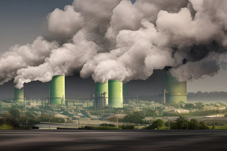 Smokestacks emtting toxic waste smoke pollution into the atmosphere created with Ai Generative.の素材