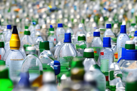 Thousands of plastic bottles depicting trash and waste resulting in climate change and pollution created with Generative AI.の素材