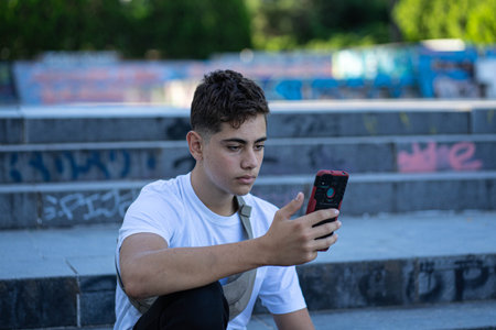A boy is looking at his cell phone sitting on the stairs of a skate parkの写真素材