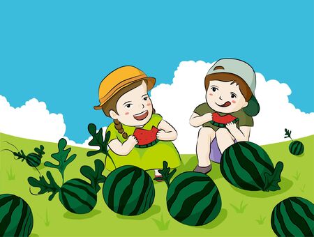 Children eating watermelonのイラスト素材
