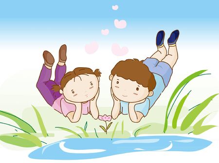 a boy and girl enjoy the leisure time at pondのイラスト素材