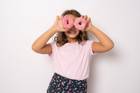 Portrait of a little smiling girl brunette with and two appetizing donuts in her handsの写真素材