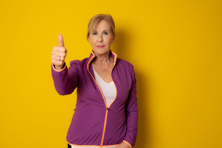 Mature sport woman with thumb up isolated over yellow background.の写真素材