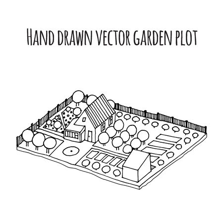 Hand drawn vector garden plot illustration in black and white colors. Can be used as infographics.のイラスト素材