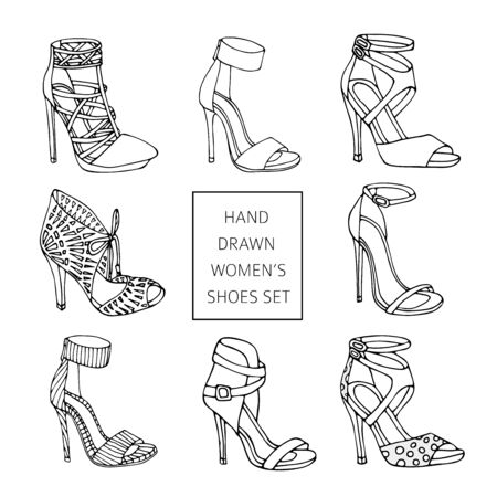 Hand drawn women s shoes silhouette set.のイラスト素材