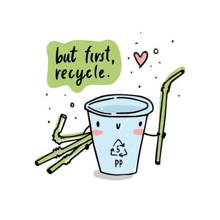 Vector cute rubbish character hand drawn in cartoon doodle style, isolated on white background. Adorable paper or plastic cup holding straws with dots, stars and heart illustrations.のイラスト素材