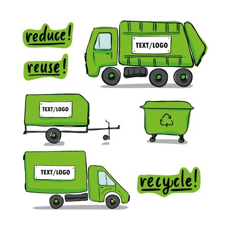 Set of cargo vehicle truck, waste collector, car trailerのイラスト素材
