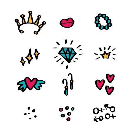Girl or Lady stickers set lips, diamond, crown, man and womanのイラスト素材