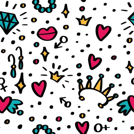 Girly seamless pattern with Fashion elements lips, diamond, crown, man and woman sign, earrings, bracelet. Vector trendy illustration for notebook, textile, wallpaper, tshirt in doodle cartoon style.のイラスト素材
