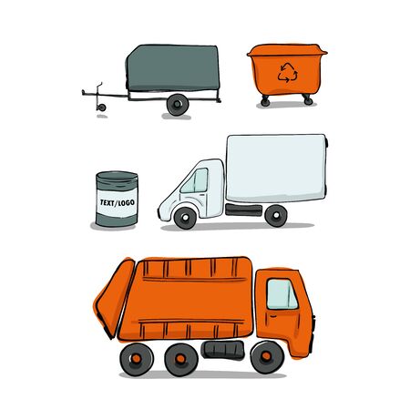 Set of cargo vehicle truck, waste collector, car trailer and wheelie bin vector illustrations in hand drawn cartoon doodle styleのイラスト素材