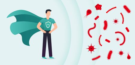 Immune system vector protection. Health bacteria virus protection. Medical prevention human germ. Healthy man reflect bacteria attack. Boost Immunity with medicine concept illustrationのイラスト素材