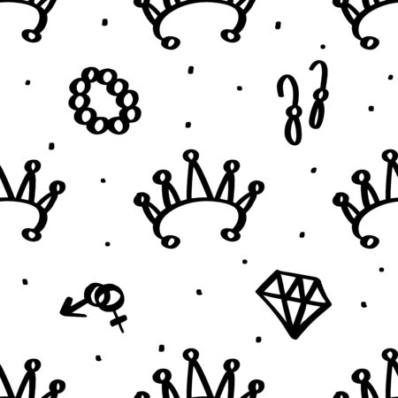 Girly seamless pattern with Fashion elements diamond, crown, diadem, mars venus sign, earrings, bracelet. Vector trendy illustration for notebook, textile, wallpaper, tshirt in doodle cartoon styleのイラスト素材