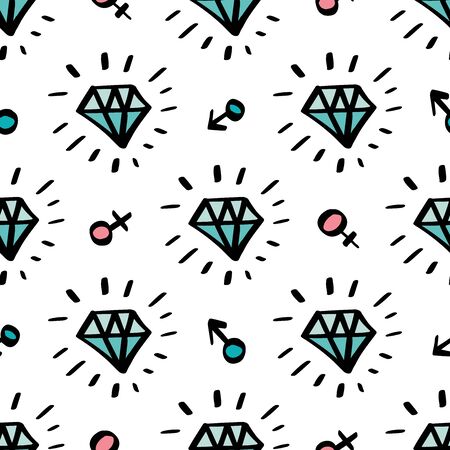 Girly seamless pattern with Fashion elements shining diamond, man and woman sign. Vector trendy illustration for notebook, textile, wallpaper, tshirt in a hand drawn doodle cartoon style.のイラスト素材