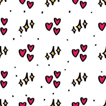 Girly seamless pattern with Fashion elements hearts, shining stars and dots. Vector trendy illustration for notebook, textile, wallpaper, tshirt in a hand drawn doodle cartoon style.のイラスト素材
