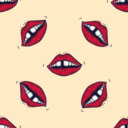 Seamless pattern in old retro vintage style of lips with teeth gap. Vector trendy illustration for notebook, textile, wallpaper, tshirt in a hand drawn styleのイラスト素材