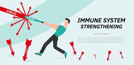 Immune system vector protection. Health bacteria virus protection. Medical prevention human boosters. Healthy man reflect bacteria attack. Boost Immunity with medicine concept illustration.のイラスト素材