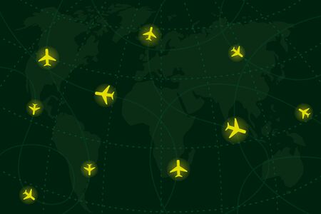 Open skies treaty exit concept. Vector flat illustration world map with intelligence air planes flying around. Planning strategy. International politic. Administration prepares to leave, withdrawalのイラスト素材