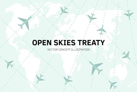 Open skies treaty exit concept. Vector flat illustration world map with intelligence air planes flying around. Planning strategy. International politic. Administration prepares to leave, withdrawal.のイラスト素材