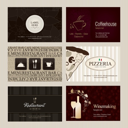 Set of 6 detailed vertical business cards. For cafe and restaurant のイラスト素材