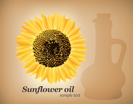 Sunflower and a carafe of oil background, beauty, concept, creative, decorative, design, element, floral, food, graphic, illustration, label, natural, object, oil, pattern, style, sunflower, symbol, vector, vegetative, yellowのイラスト素材
