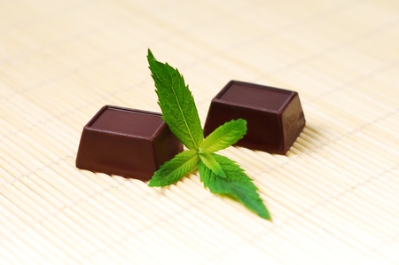 Two chocolate candies, and mint の写真素材