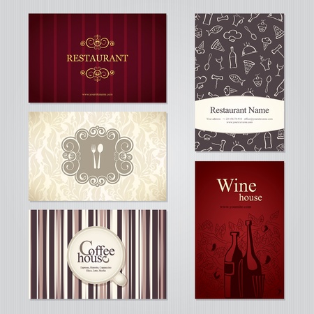 Set of 5 detailed business cards. For cafe and restaurantのイラスト素材