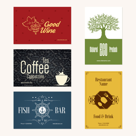 Set of 5 detailed business cards. For cafe and restaurantのイラスト素材