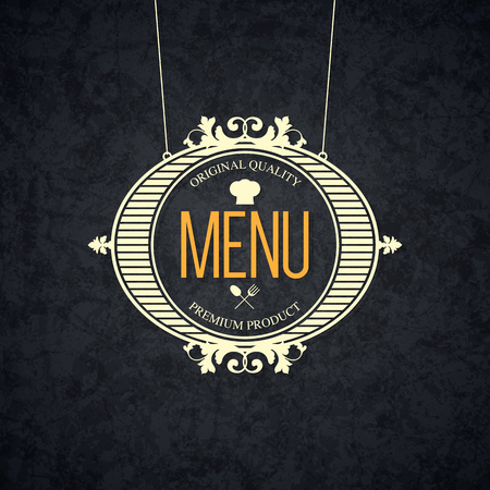 Restaurant menu design. Vector menu brochure template for cafe, coffee house, restaurant, bar. Food and drinks logotype symbol design. With chef hat, fork and spoonのイラスト素材