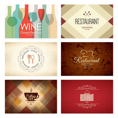 Business card set. 6 bright visiting cards. Food and drink theme. For cafe, coffee house, restaurant, barのイラスト素材
