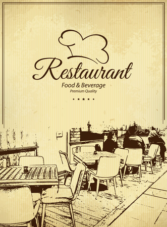 Restaurant menu design. Vector menu brochure template for cafe, coffee house, restaurant, bar. Food and drinks  symbol design. With a sketch pictures and crumpled vintage backgroundのイラスト素材