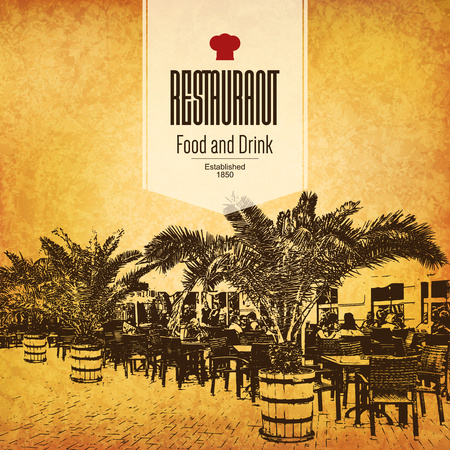 Restaurant menu design. Vector menu brochure template for cafe, coffee house, restaurant, bar. Food and drinks logotype symbol design. With a sketch pictures and crumpled vintage backgroundのイラスト素材