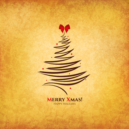 Christmas and New Year. Vector greeting card with red bow and christmas treeのイラスト素材